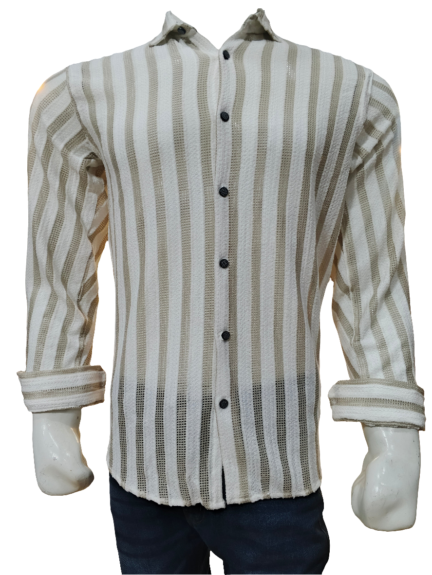 Classic Beige & White Striped Casual Shirt