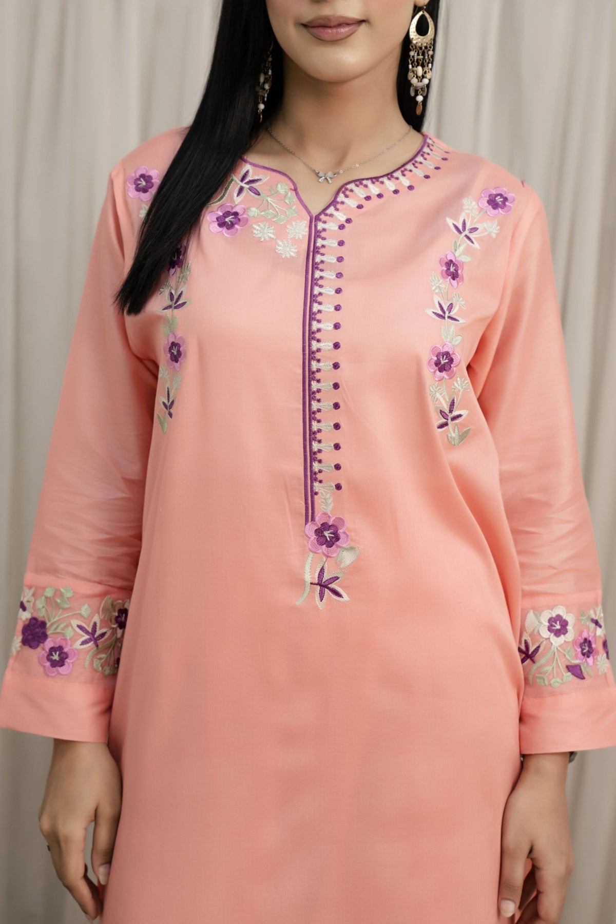 Peach pink embroidered stitched Lawn